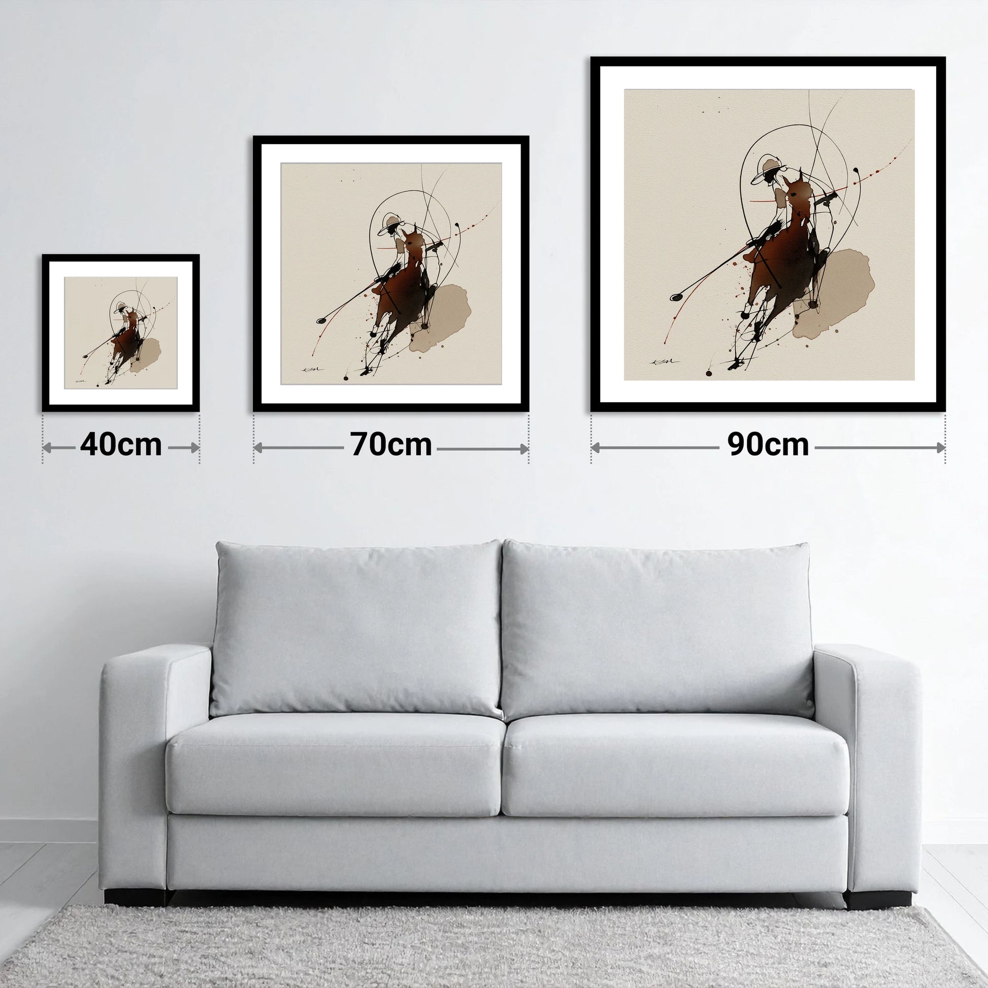 The Decisive Strike - size guide showing 40cm, 70cm and 90cm art prints