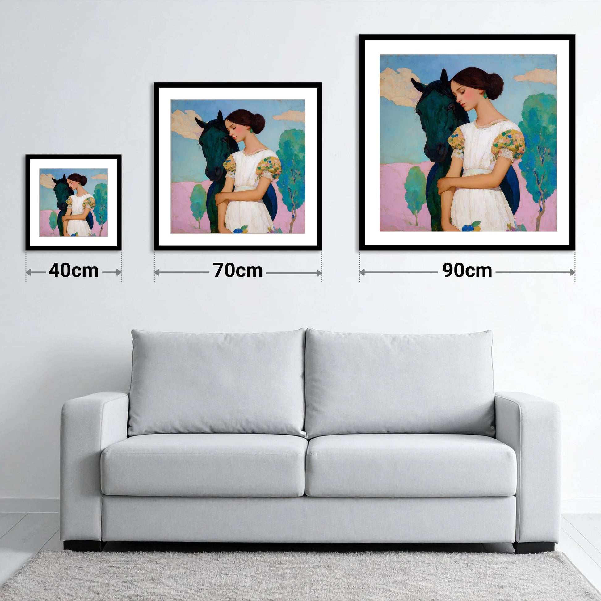 Quiet Colourful Bond - size guide showing 40cm, 70cm and 90cm art prints
