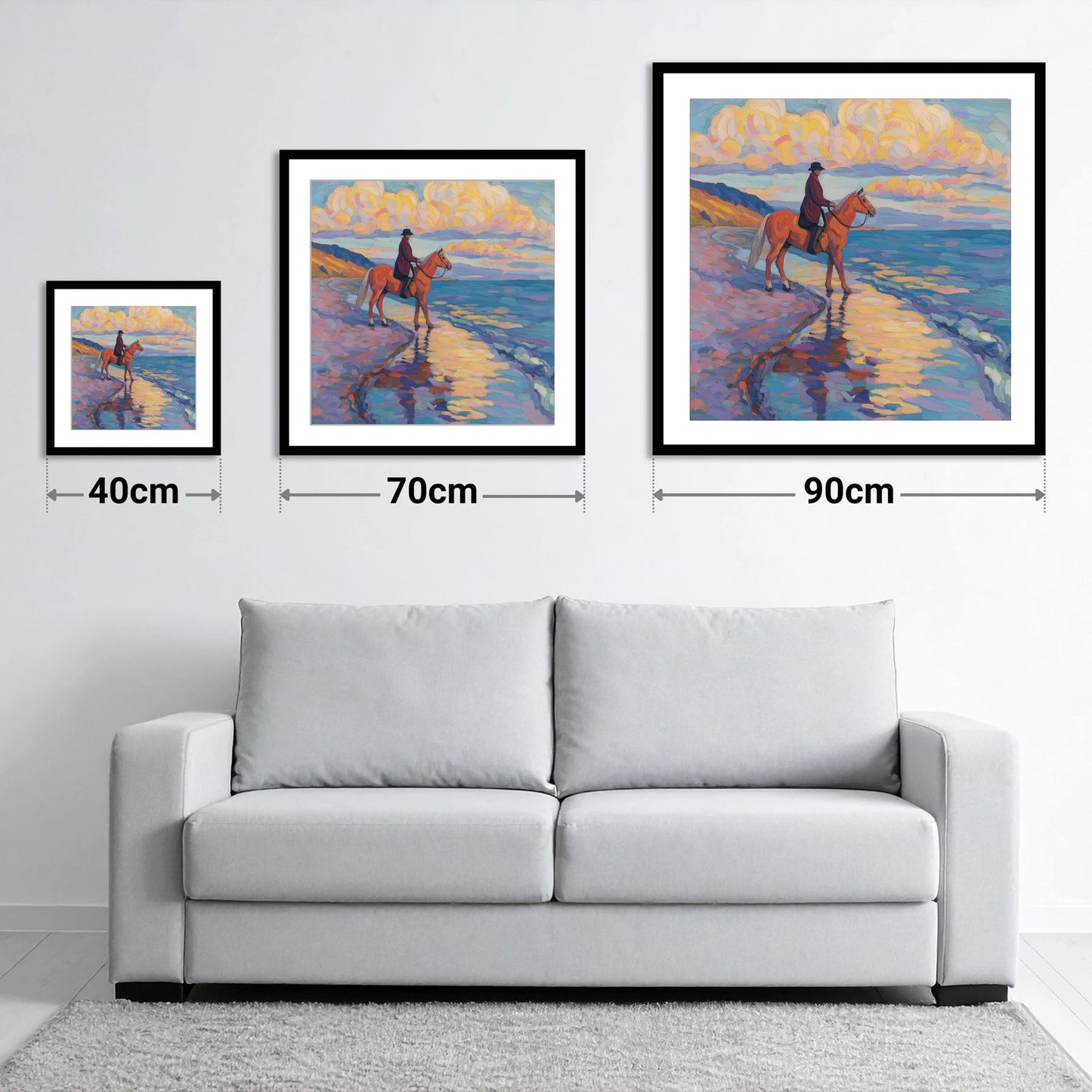 Sunset Coastal Reflections - size guide showing 40cm, 70cm and 90cm art prints