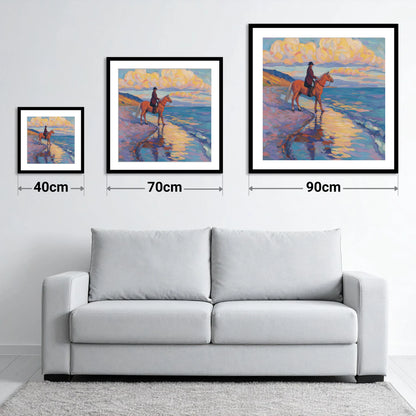 Sunset Coastal Reflections - size guide showing 40cm, 70cm and 90cm art prints