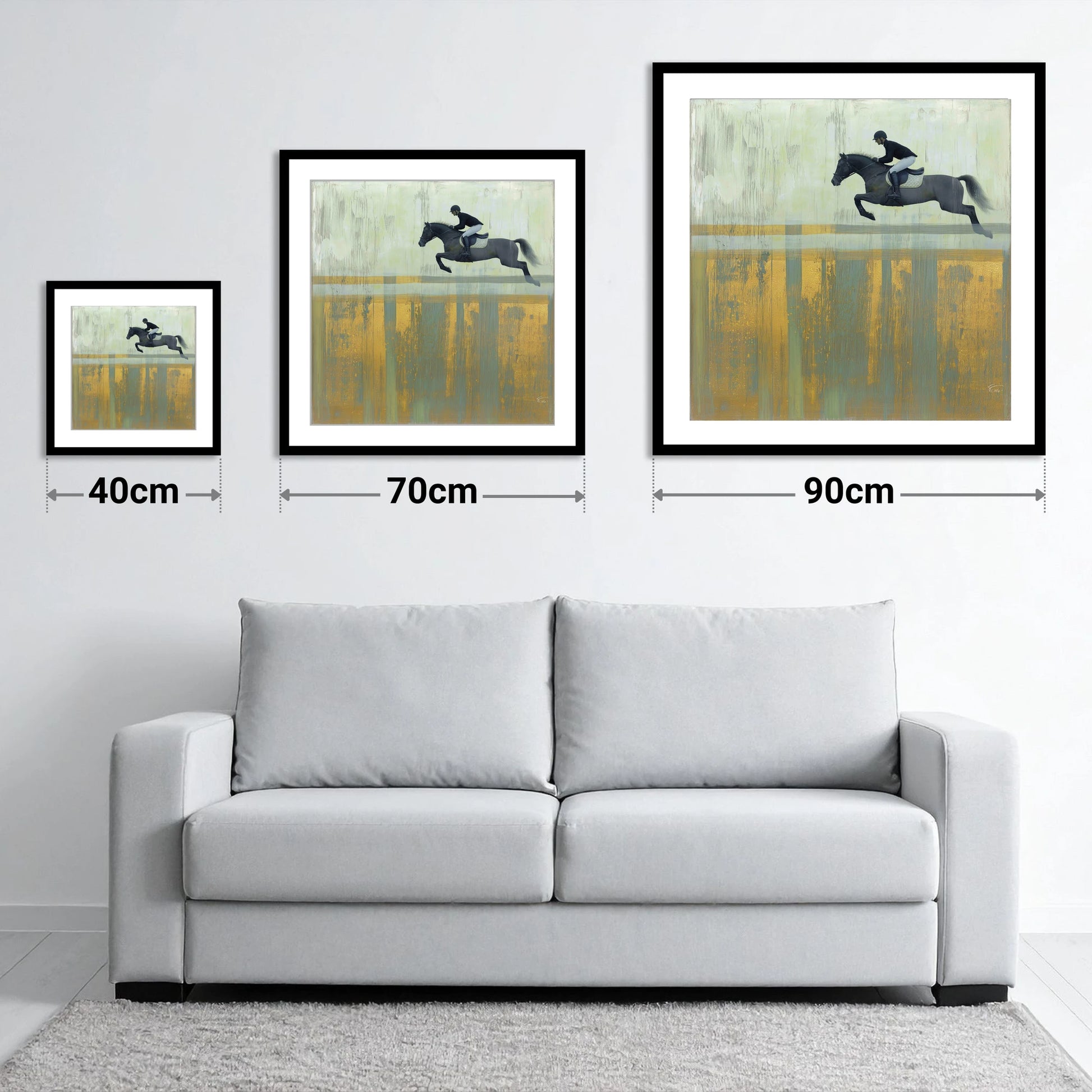 Flight Over Gold - size guide showing 40cm, 70cm and 90cm art prints
