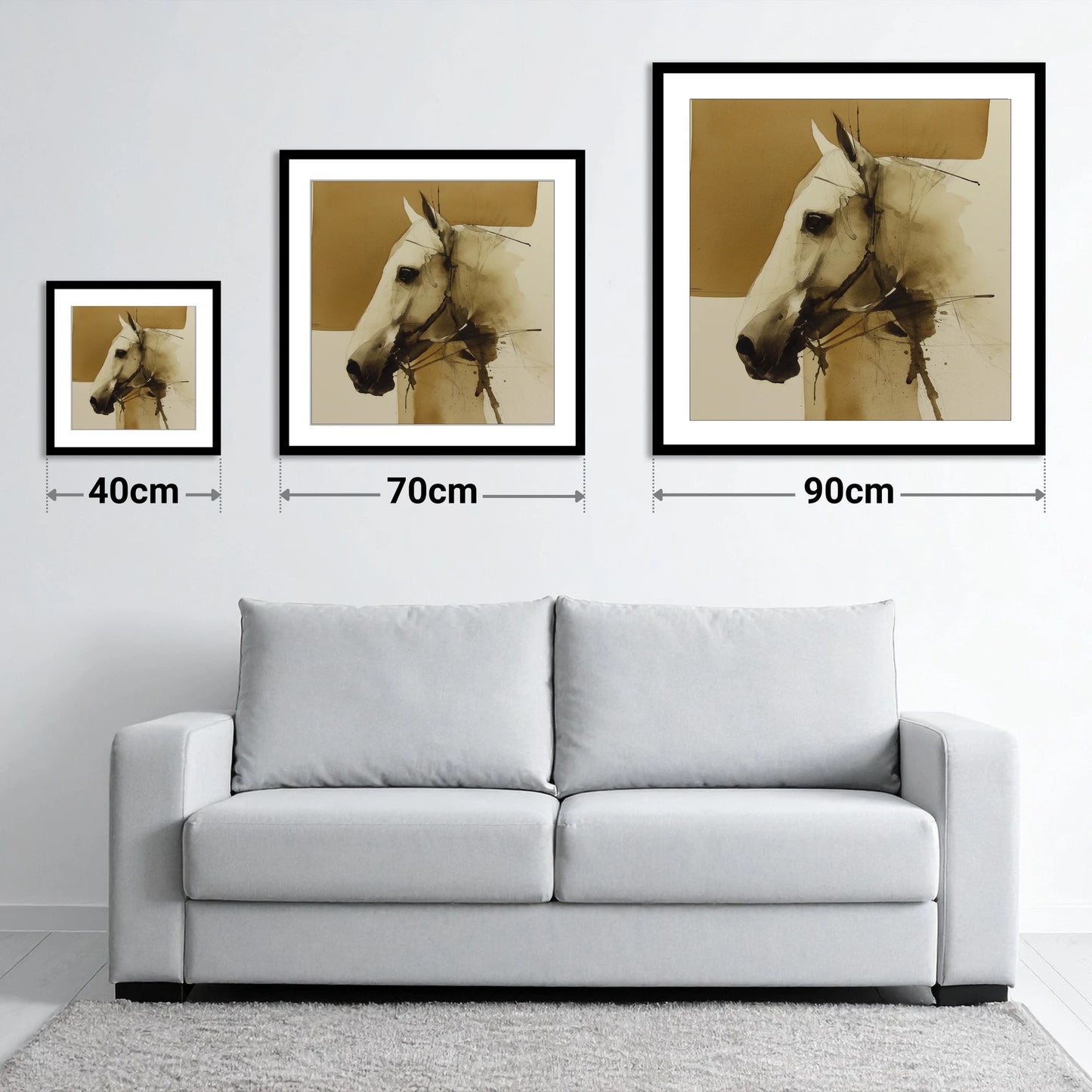 Sepia Equine Study - size guide showing 40cm, 70cm and 90cm art prints