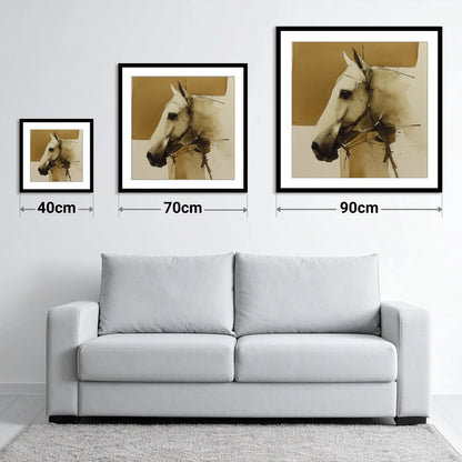 Sepia Equine Study - size guide showing 40cm, 70cm and 90cm art prints