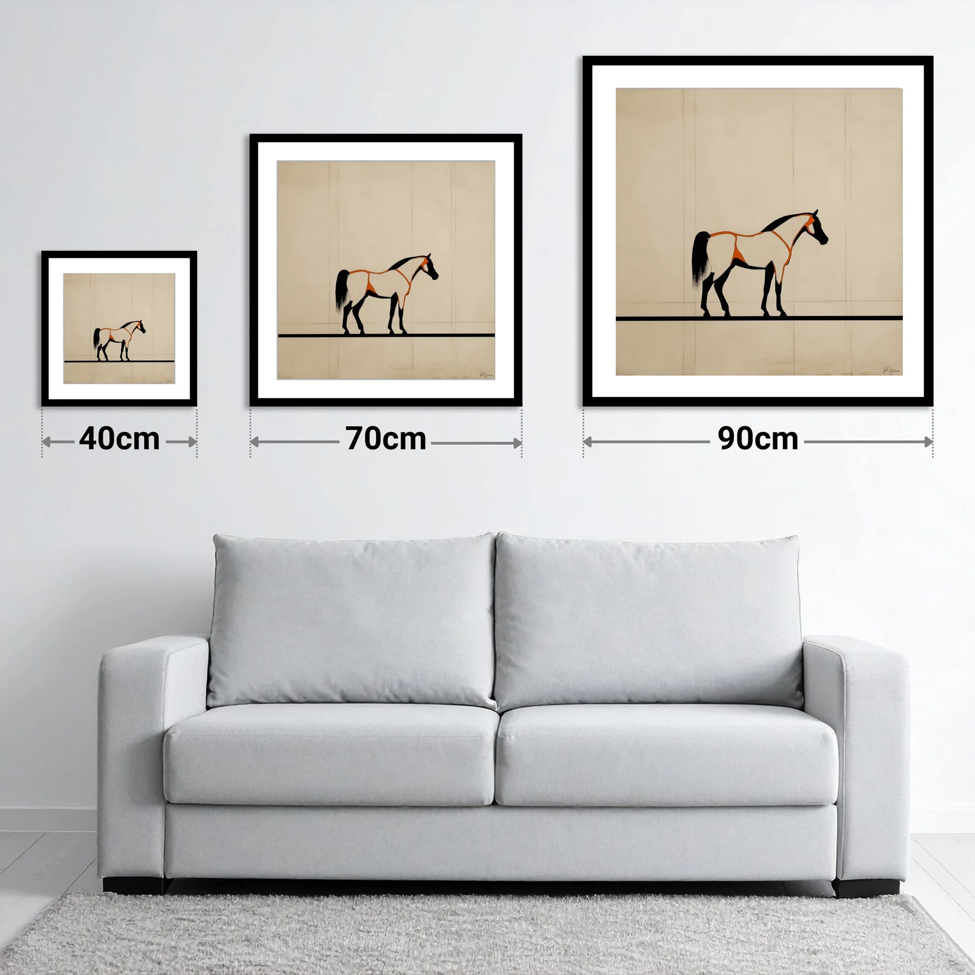 Minimalist Ink Profile - size guide showing 40cm, 70cm and 90cm art prints