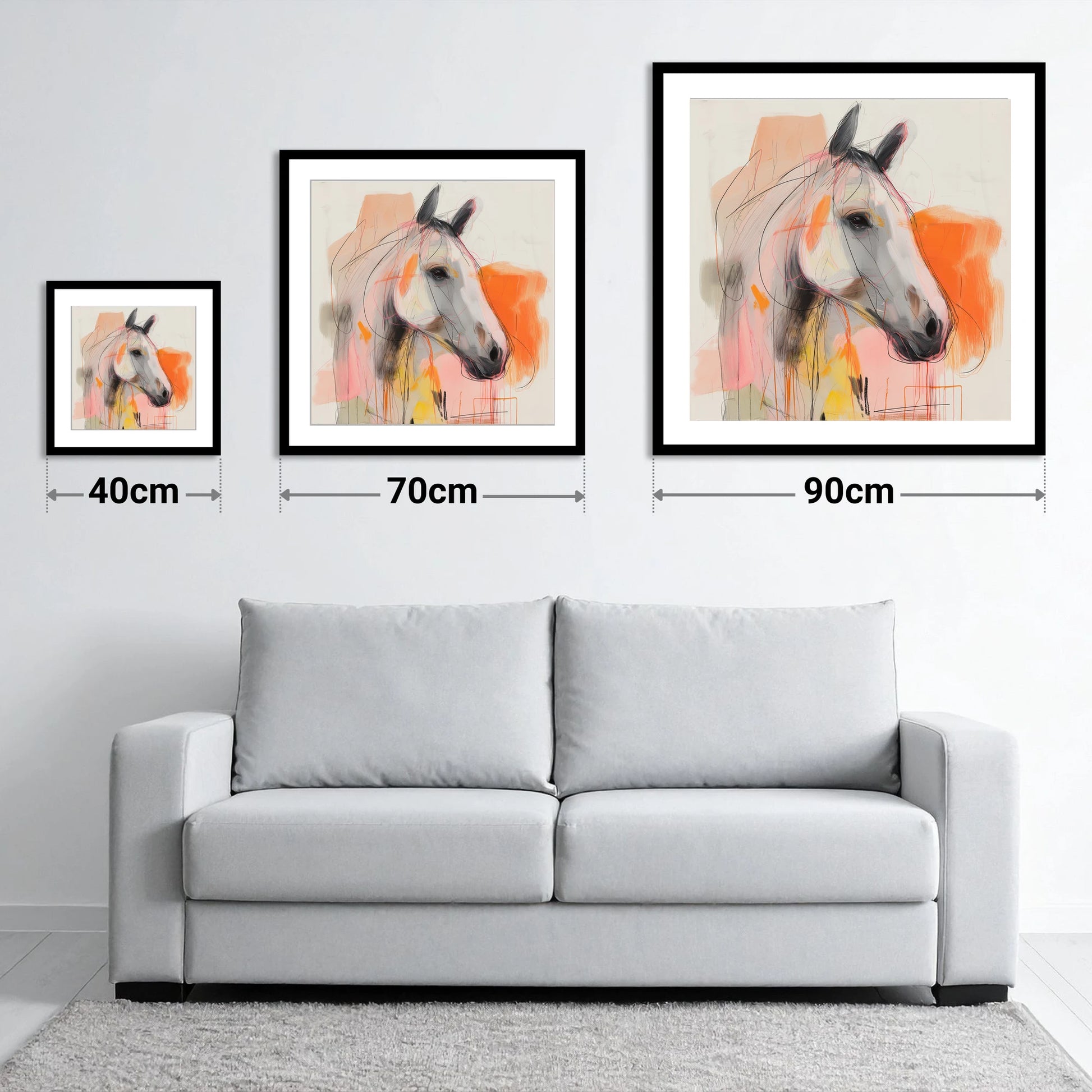 Vibrant Grey Spirit - size guide showing 40cm, 70cm and 90cm art prints