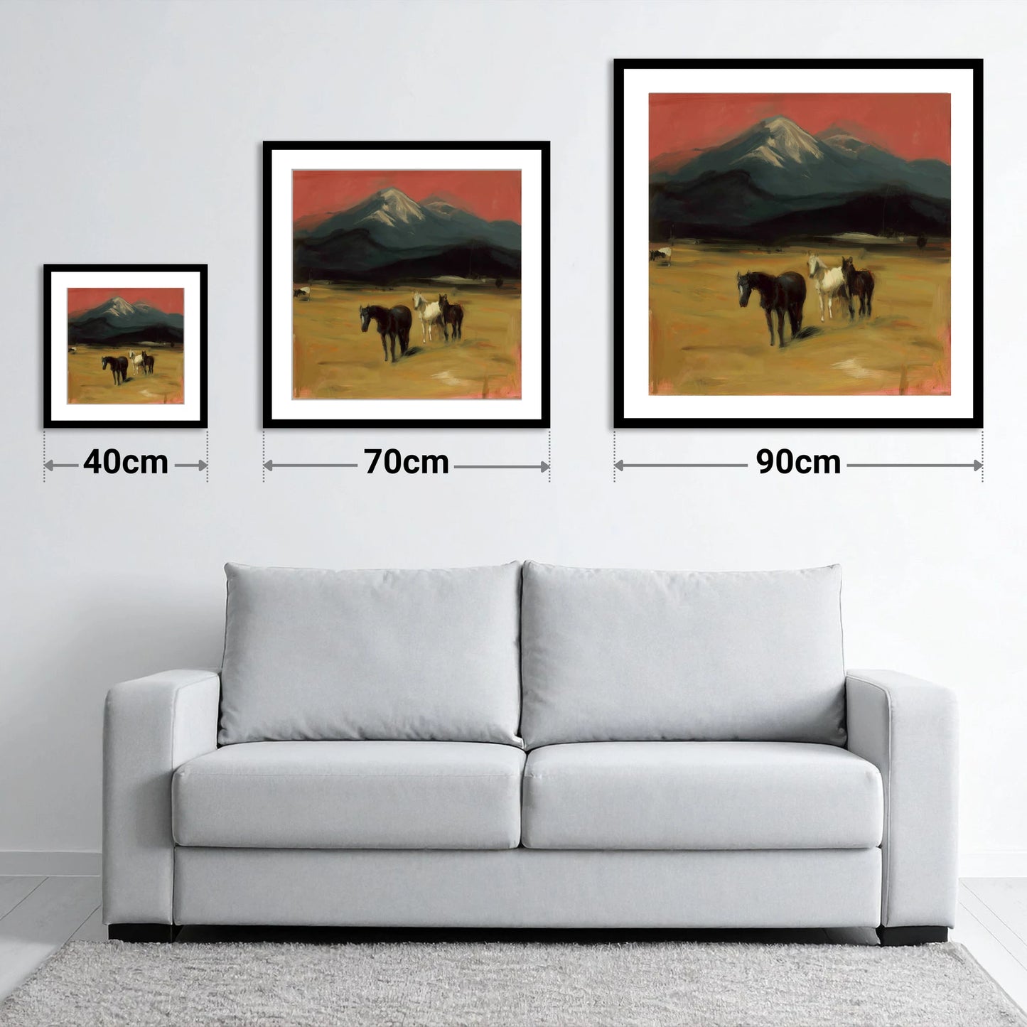 Crimson Sky Pastures - size guide showing 40cm, 70cm and 90cm art prints