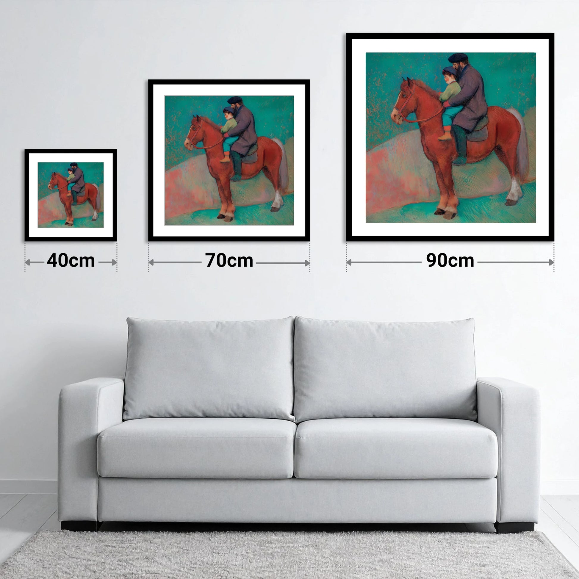 A Shared Journey - size guide showing 40cm, 70cm and 90cm art prints