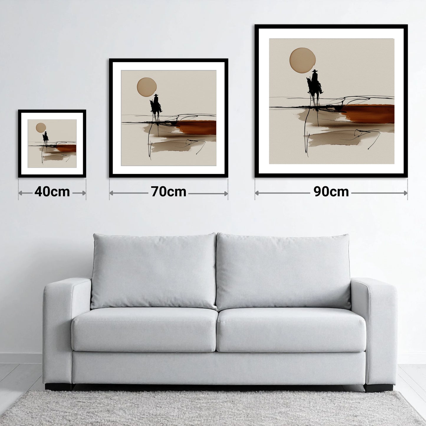 Horizon Rider - size guide showing 40cm, 70cm and 90cm art prints