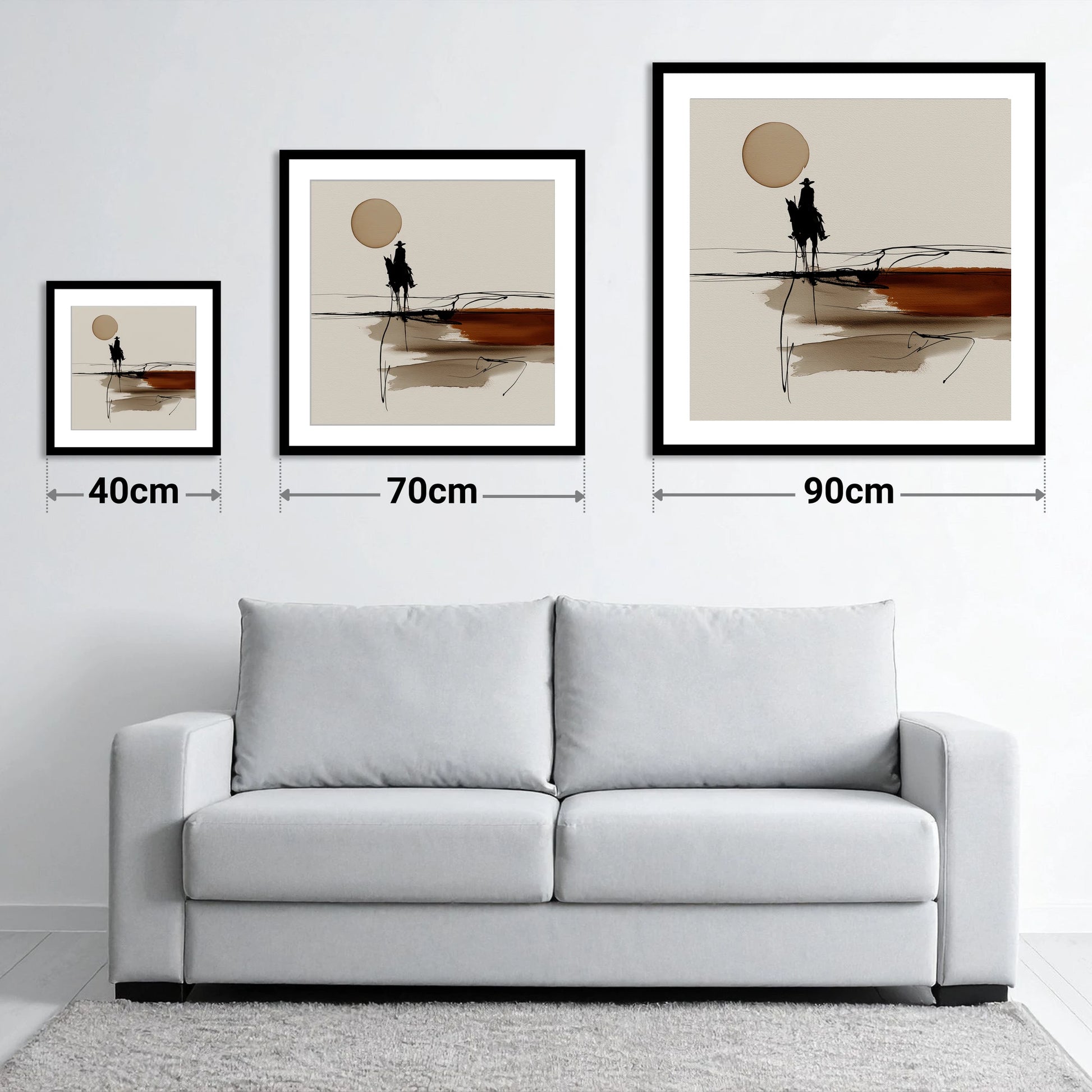 Horizon Rider - size guide showing 40cm, 70cm and 90cm art prints