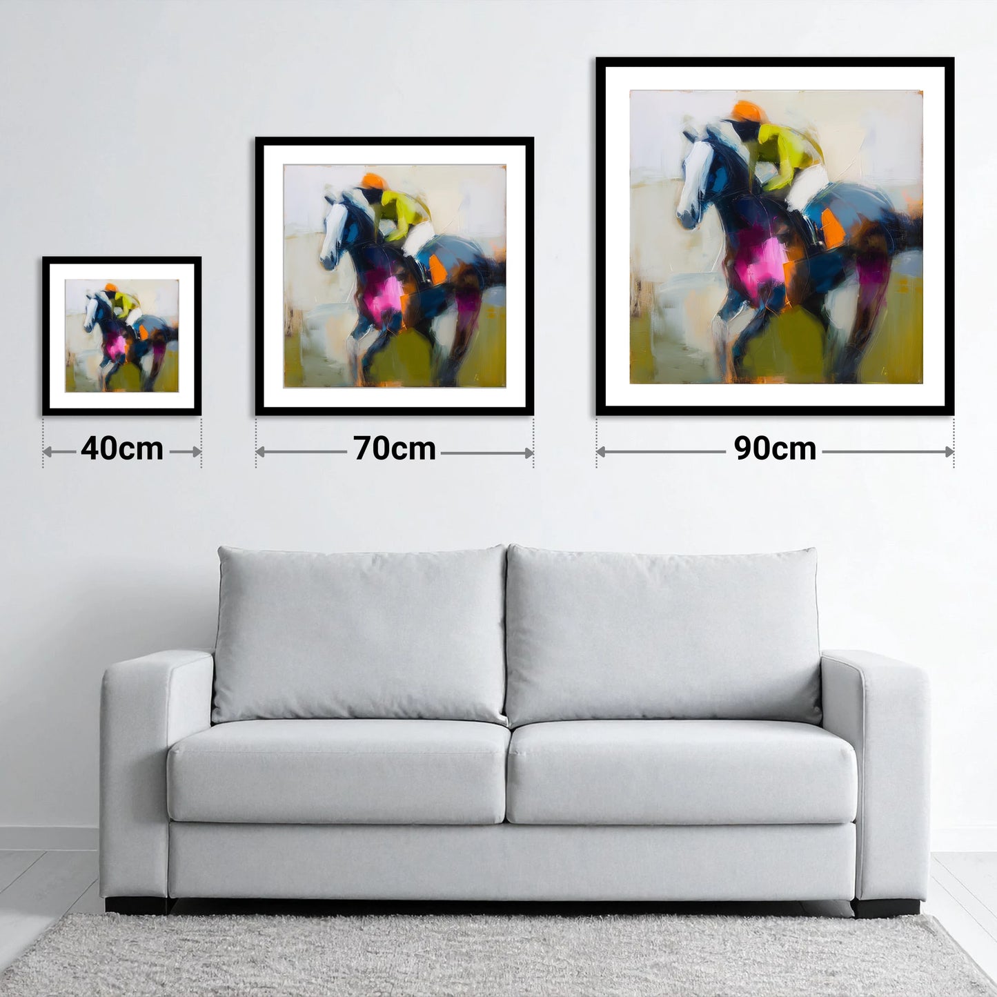 Bold Momentum - size guide showing 40cm, 70cm and 90cm art prints