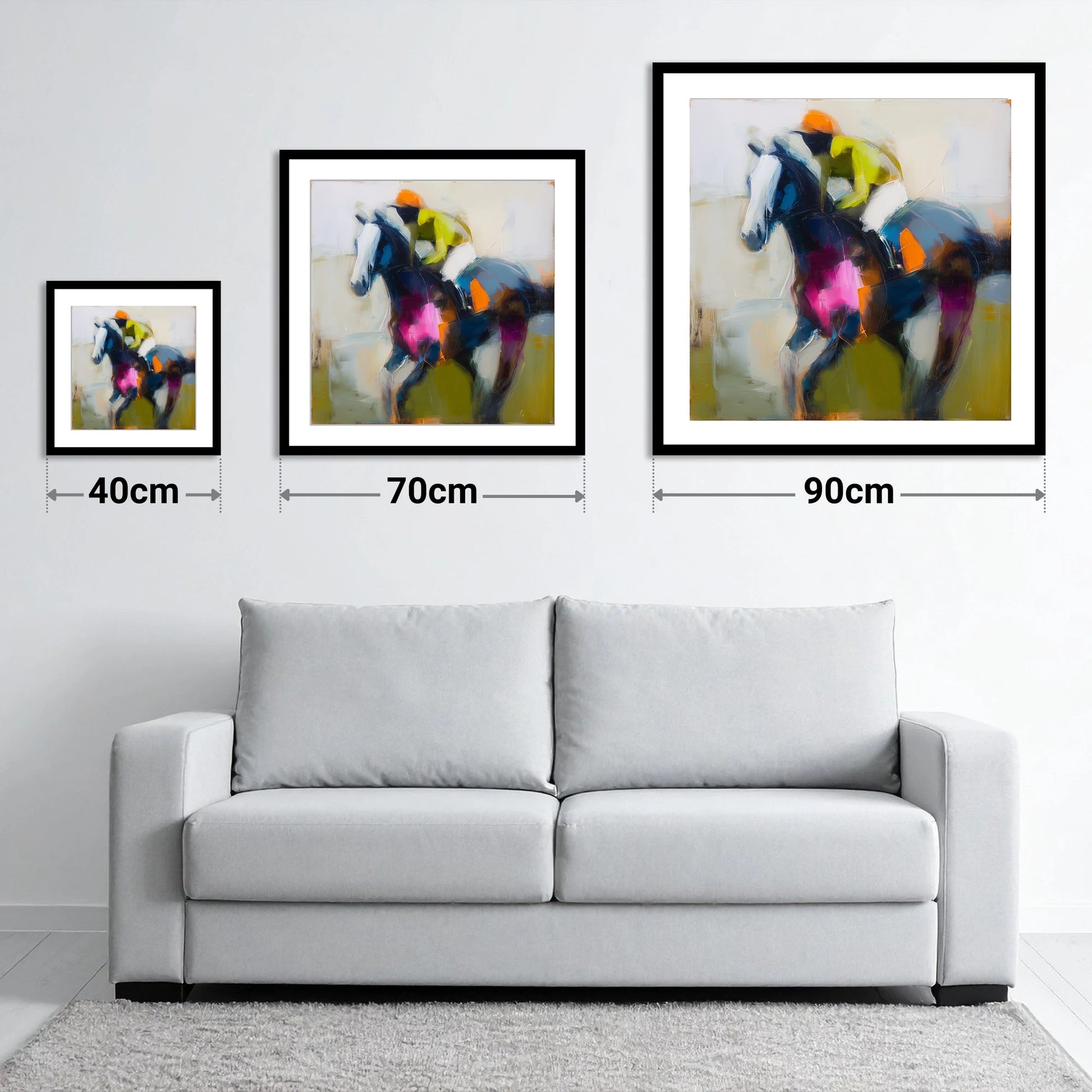 Bold Momentum - size guide showing 40cm, 70cm and 90cm art prints