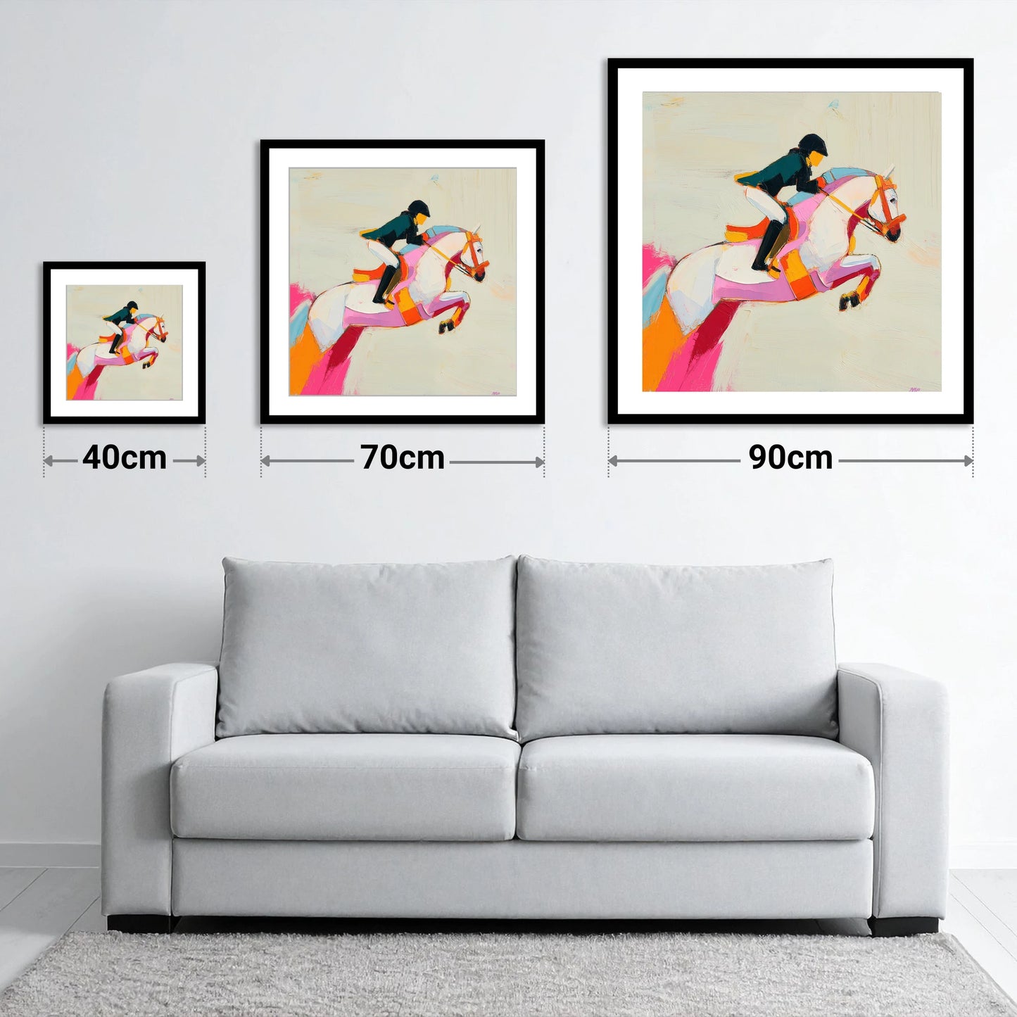 Vivid Bascule - size guide showing 40cm, 70cm and 90cm art prints