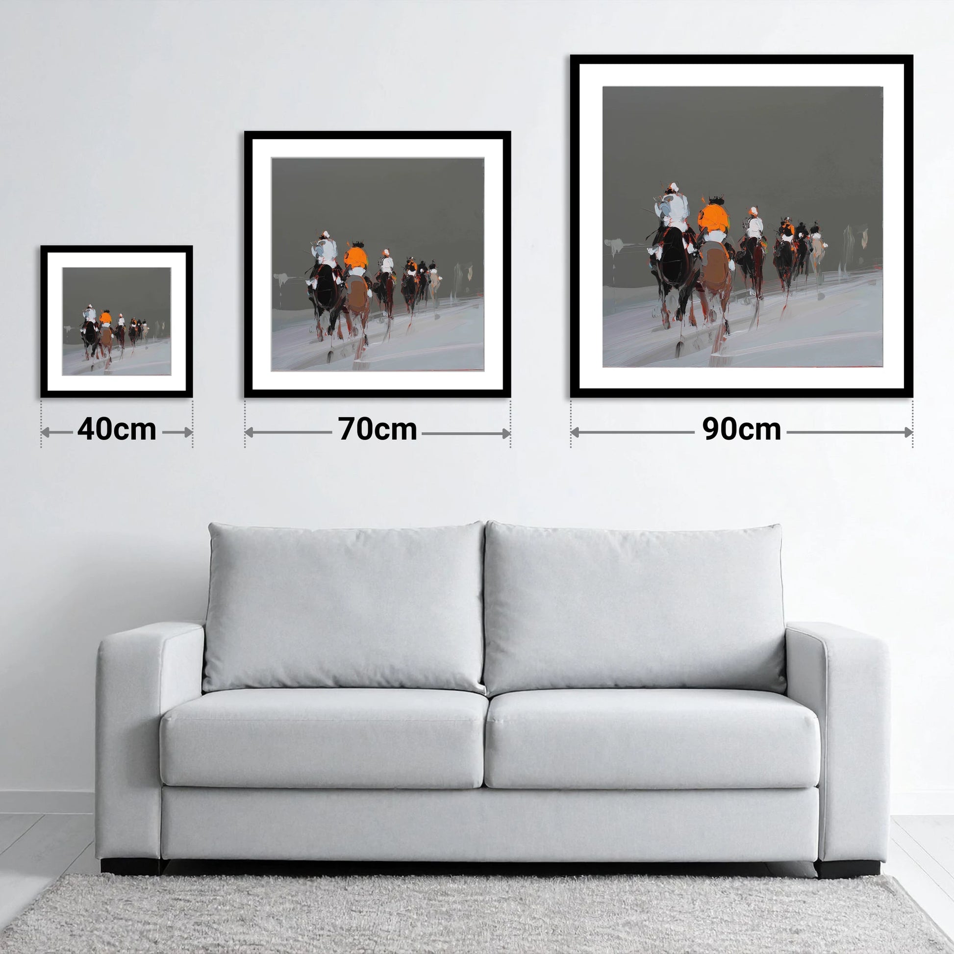 Through the Grey - size guide showing 40cm, 70cm and 90cm art prints