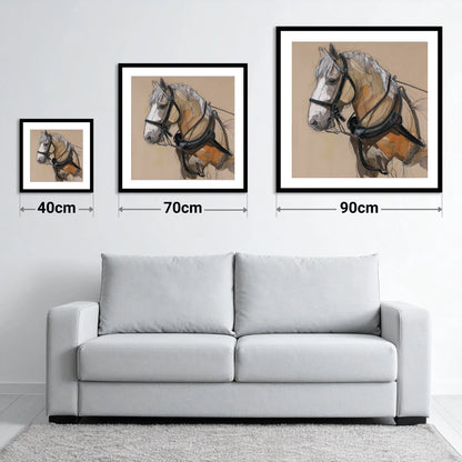 Noble Draught in Harness - size guide showing 40cm, 70cm and 90cm art prints