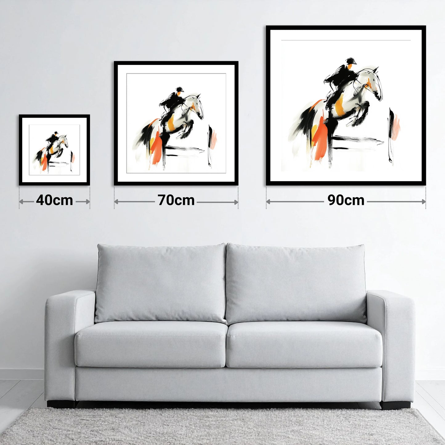 Spirited Ascent - size guide showing 40cm, 70cm and 90cm art prints