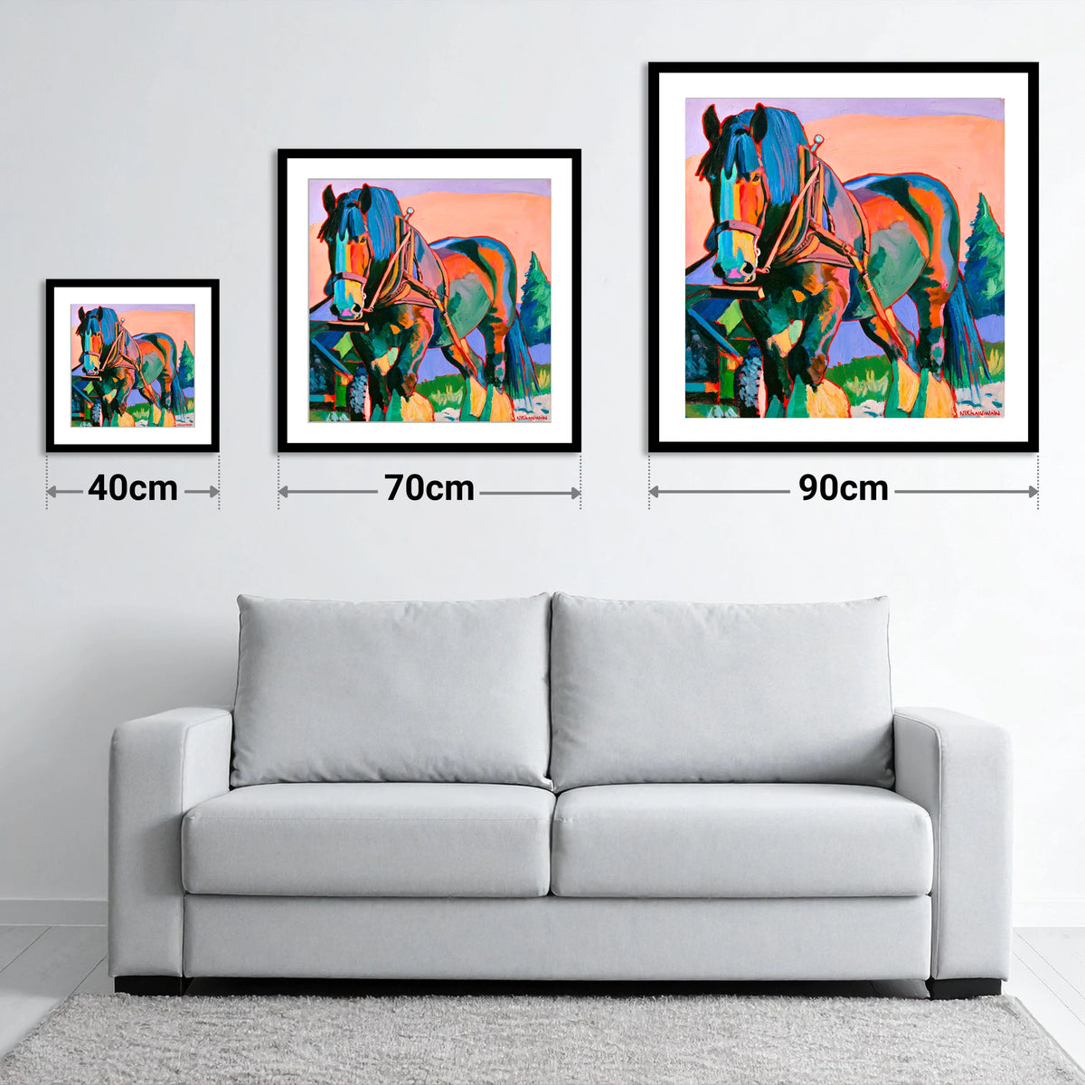 Vibrant Heavy Horse in Harness - size guide showing 40cm, 70cm and 90cm art prints