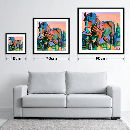 Vibrant Heavy Horse in Harness - size guide showing 40cm, 70cm and 90cm art prints