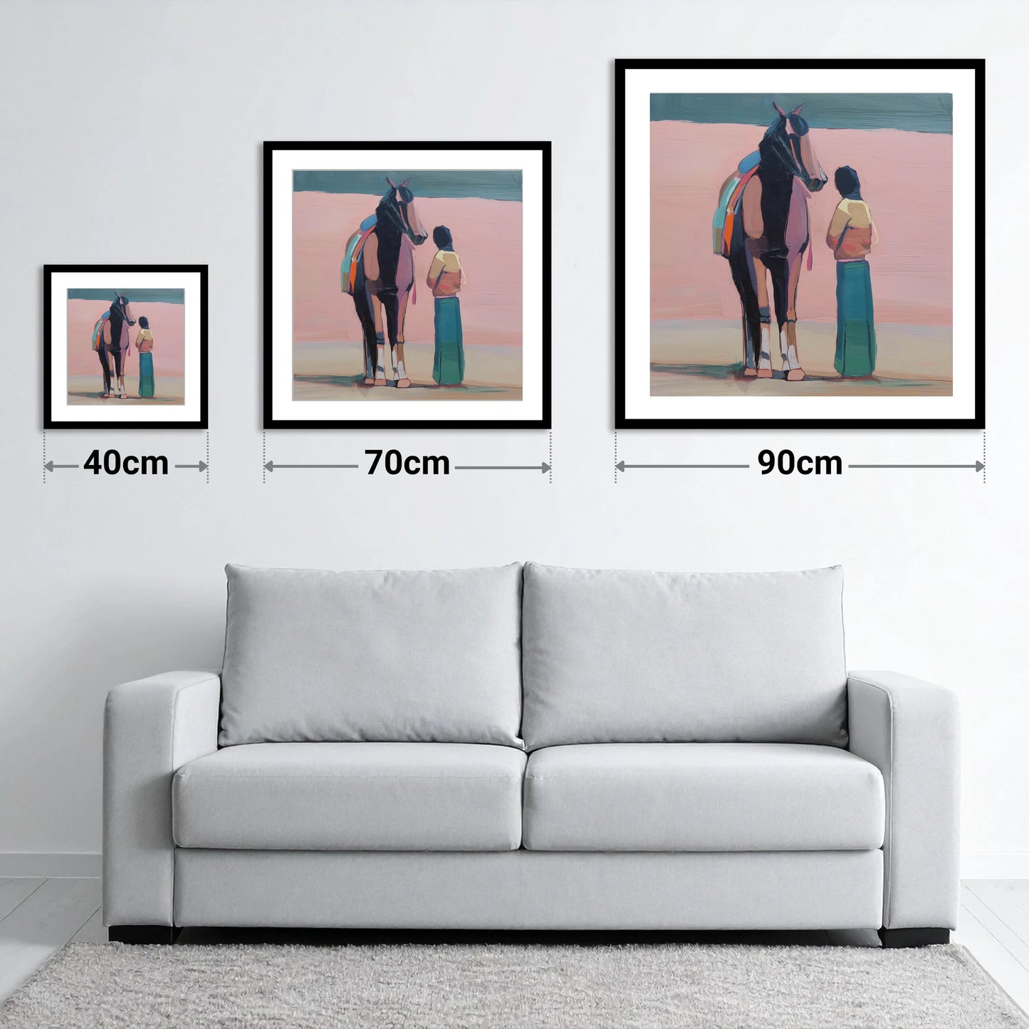 Stillness in Rose - size guide showing 40cm, 70cm and 90cm art prints