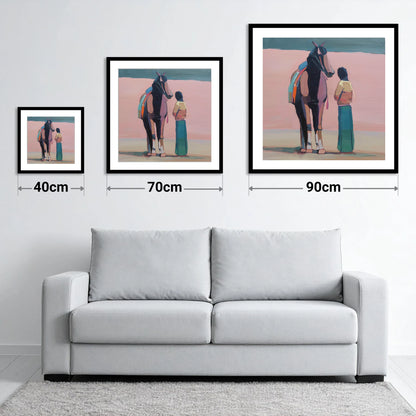 Stillness in Rose - size guide showing 40cm, 70cm and 90cm art prints