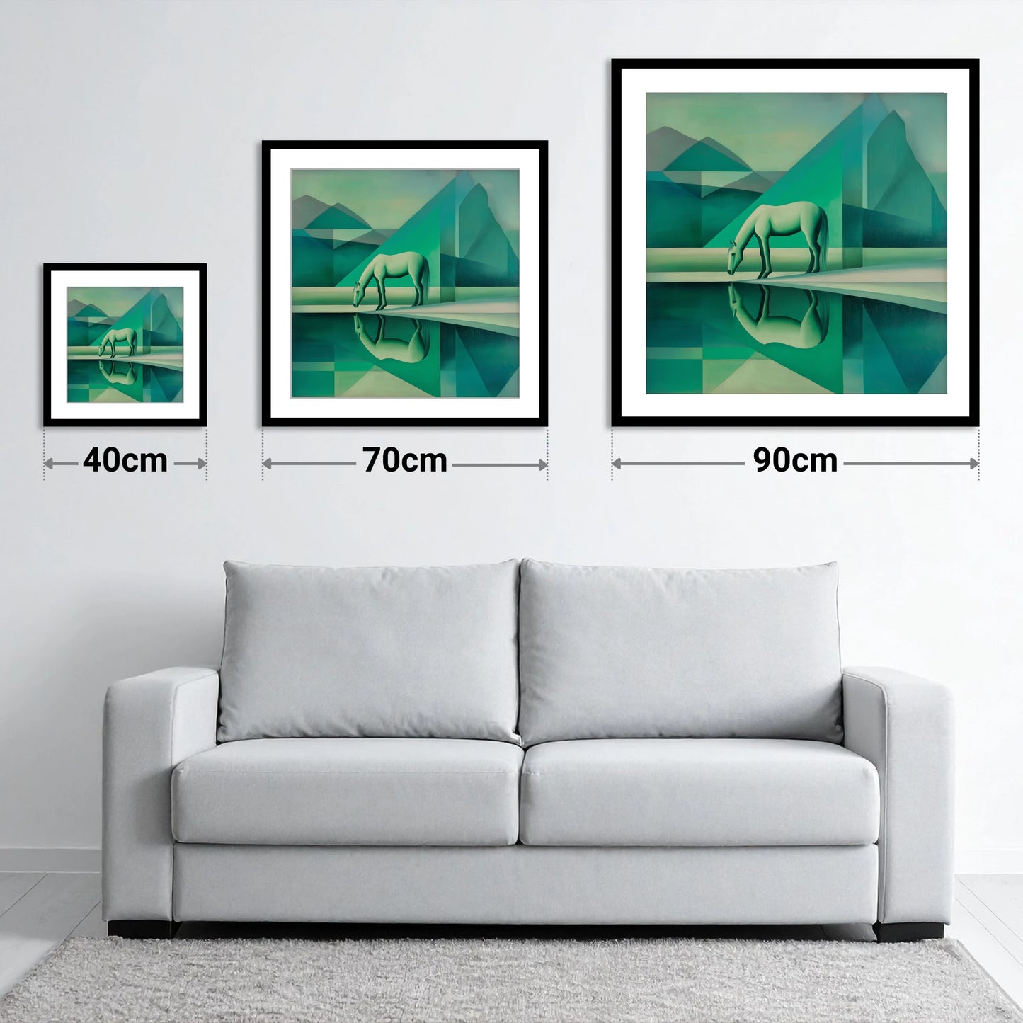 Emerald Geometric Serenity - size guide showing 40cm, 70cm and 90cm art prints