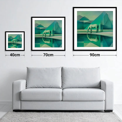 Emerald Geometric Serenity - size guide showing 40cm, 70cm and 90cm art prints