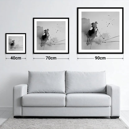 Dynamic Polo Strike - size guide showing 40cm, 70cm and 90cm art prints