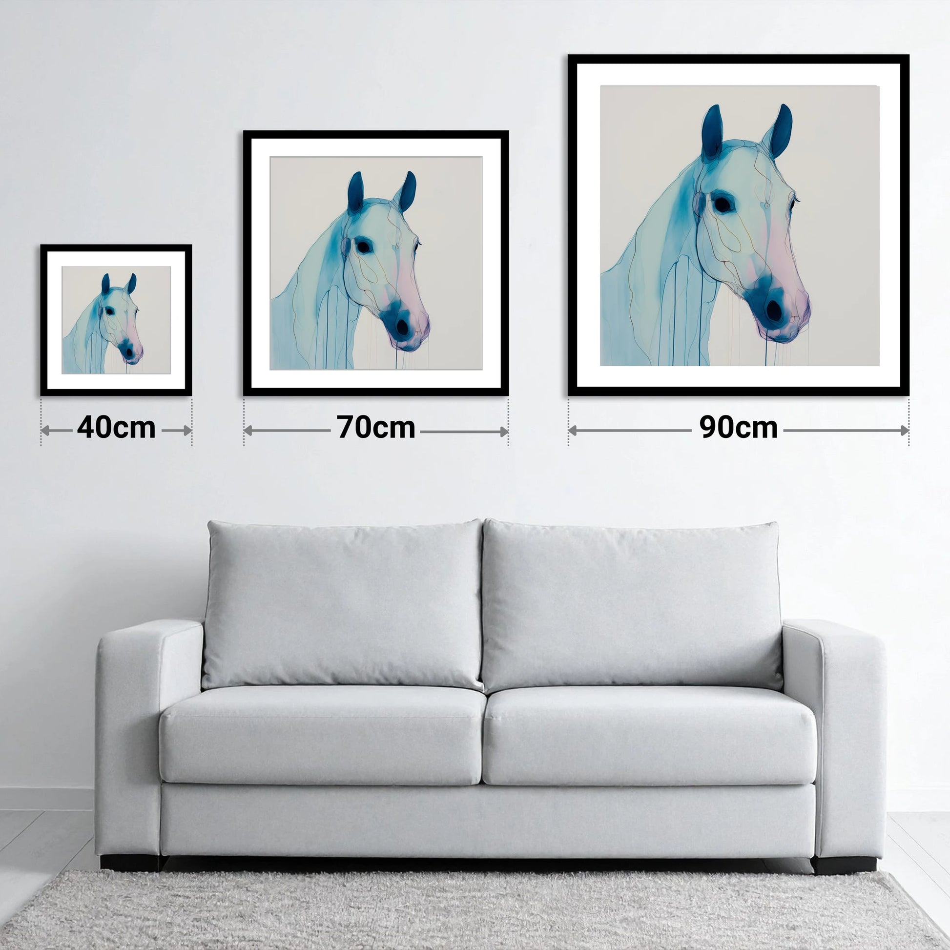 Ethereal Azure Equine - size guide showing 40cm, 70cm and 90cm art prints