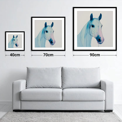 Ethereal Azure Equine - size guide showing 40cm, 70cm and 90cm art prints