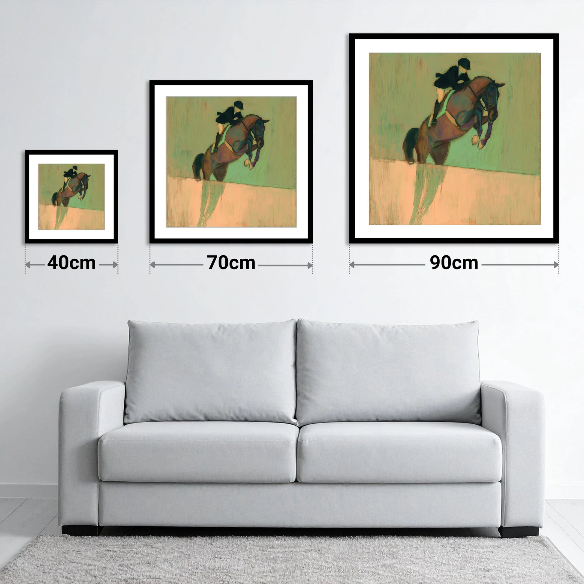 Suspension in Sage - size guide showing 40cm, 70cm and 90cm art prints
