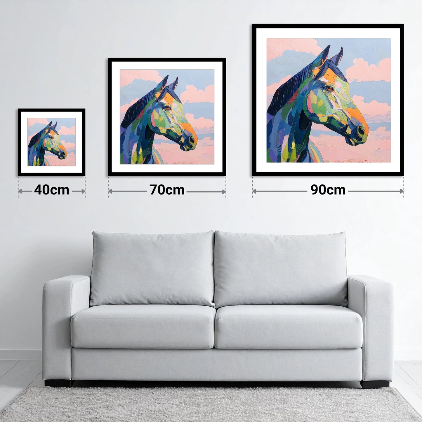 Prismatic Equine Spirit - size guide showing 40cm, 70cm and 90cm art prints