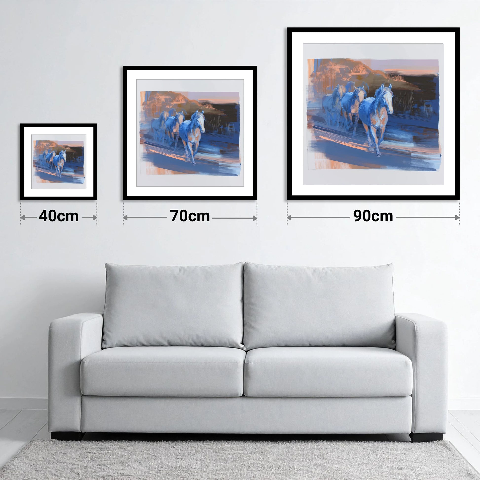 Cobalt Dawn Herd - size guide showing 40cm, 70cm and 90cm art prints