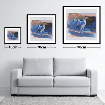 Cobalt Dawn Herd - size guide showing 40cm, 70cm and 90cm art prints
