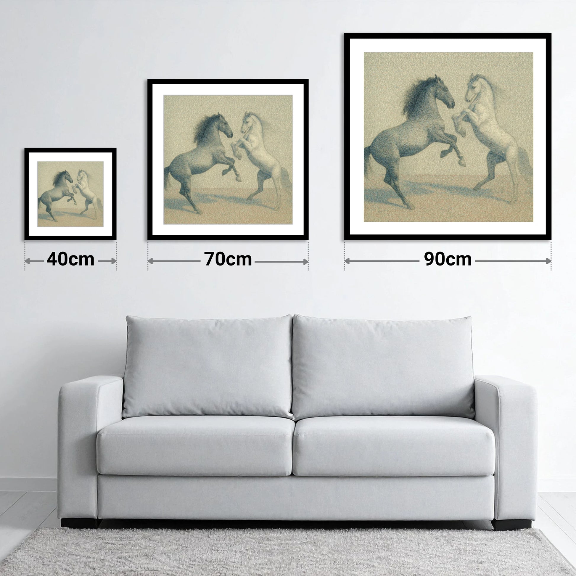 Timeless Equine Encounter - size guide showing 40cm, 70cm and 90cm art prints