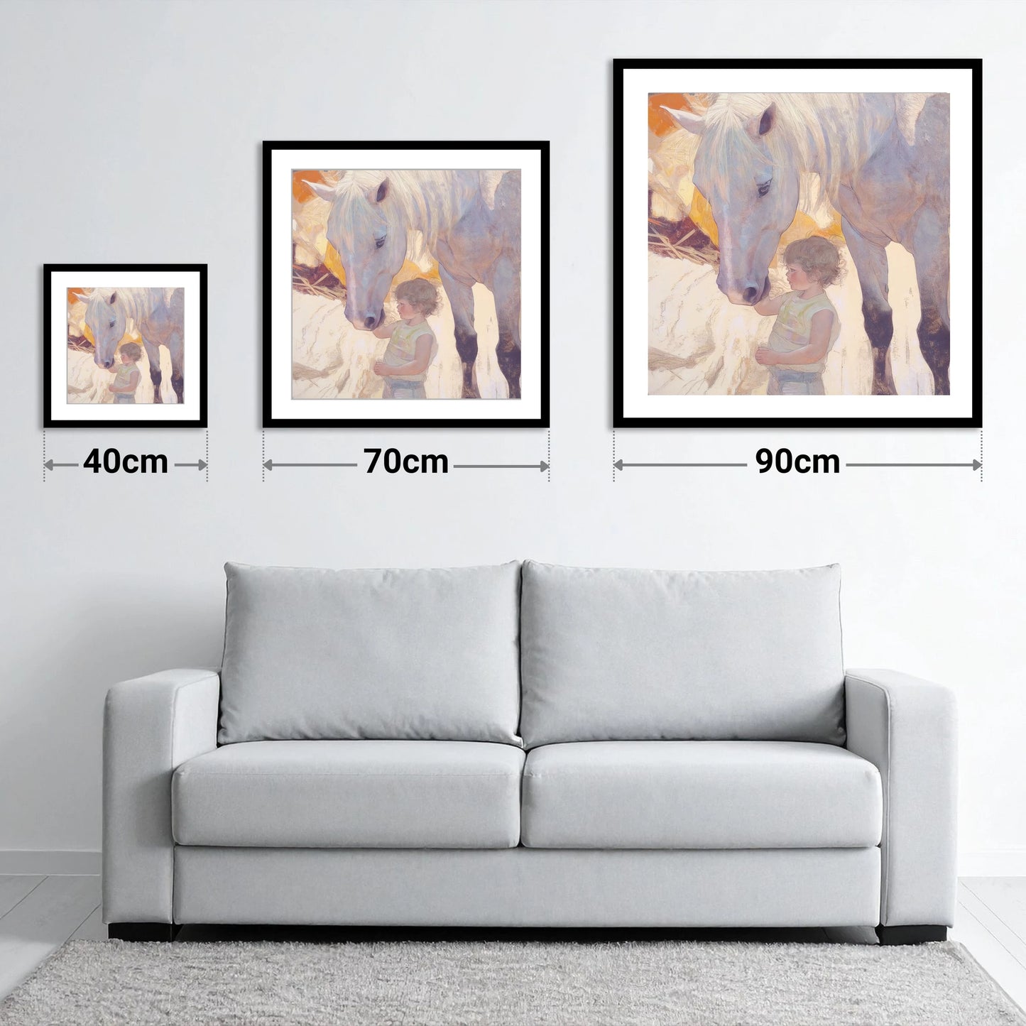 The First Touch - size guide showing 40cm, 70cm and 90cm art prints