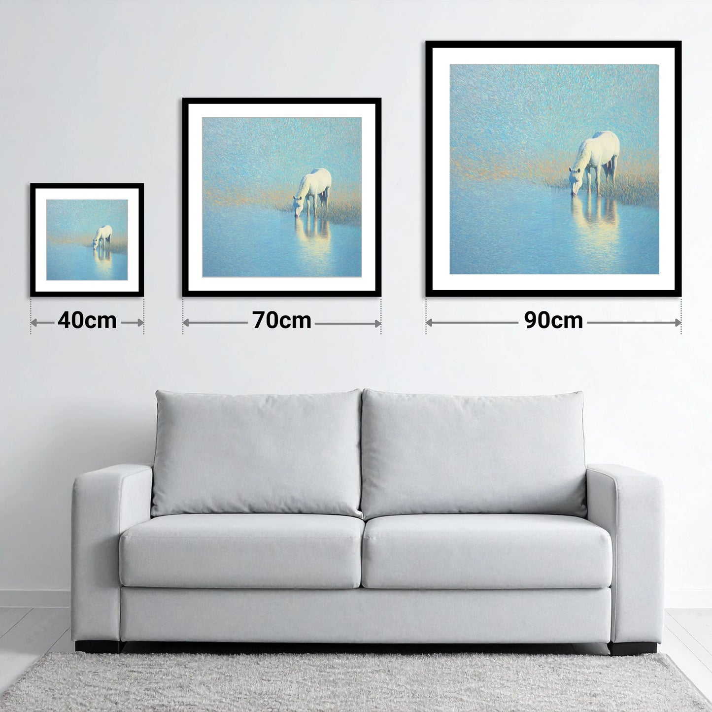 Luminous Waters - size guide showing 40cm, 70cm and 90cm art prints