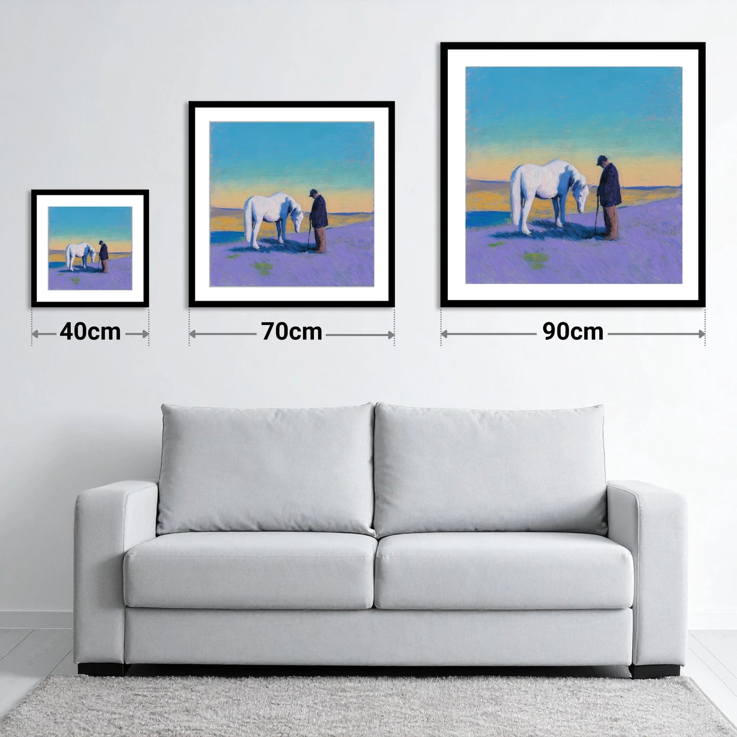 The Silent Bond - size guide showing 40cm, 70cm and 90cm art prints