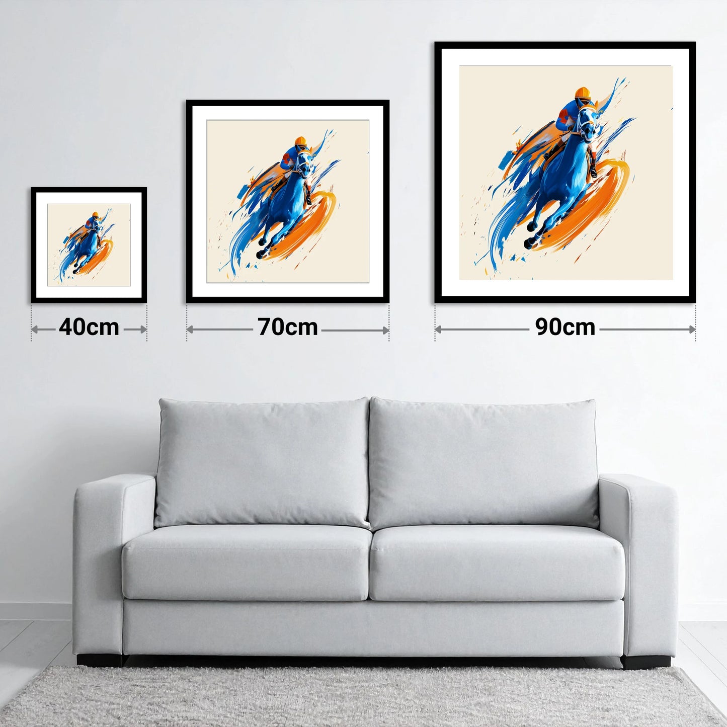 Electric Pace - size guide showing 40cm, 70cm and 90cm art prints