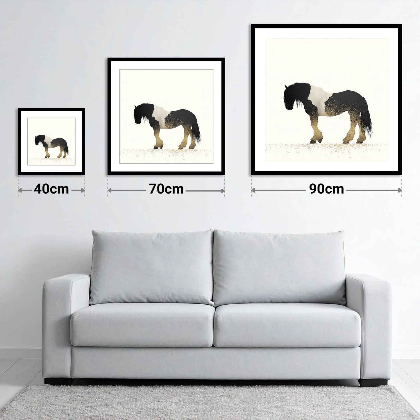 Gilded Piebald Profile - size guide showing 40cm, 70cm and 90cm art prints