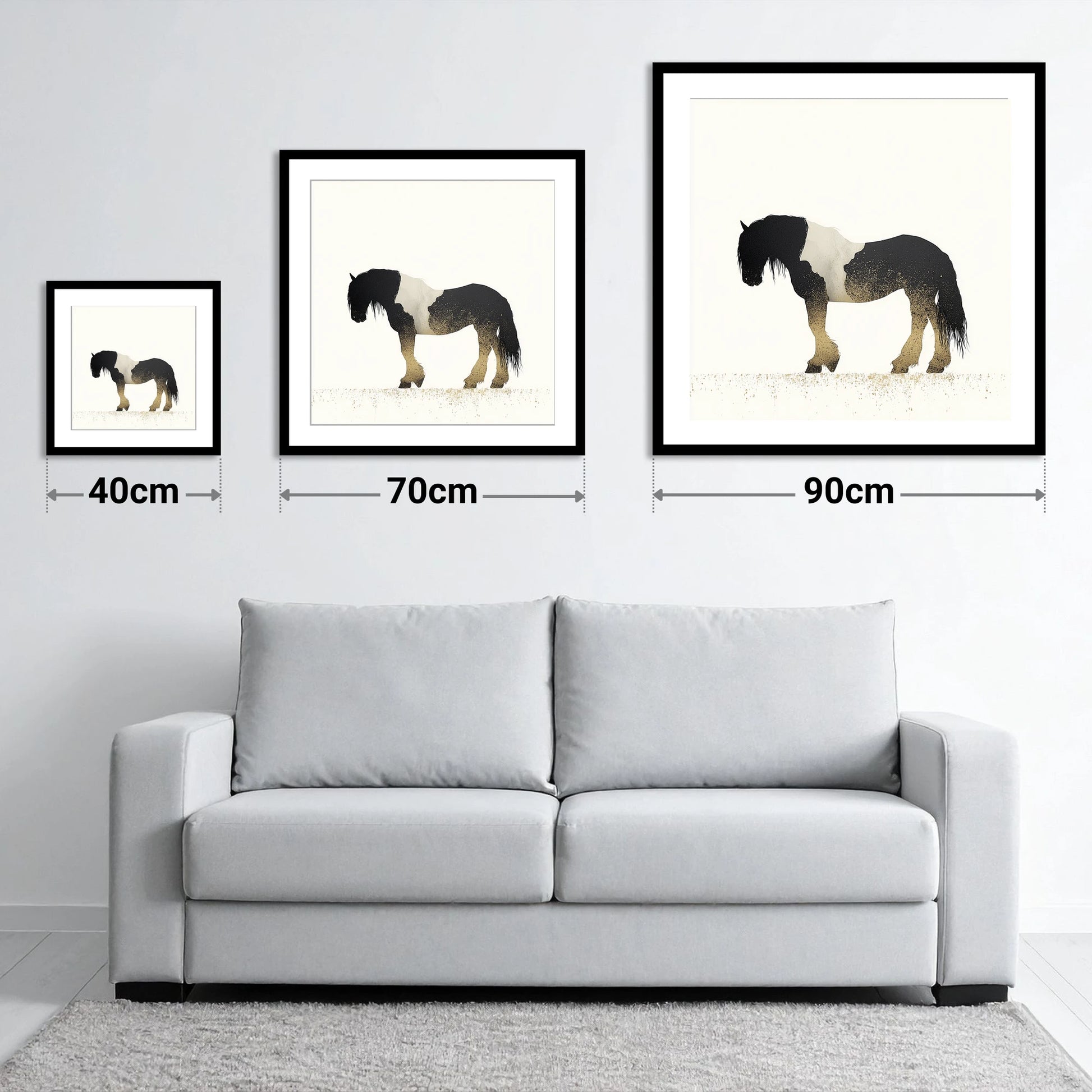 Gilded Piebald Profile - size guide showing 40cm, 70cm and 90cm art prints