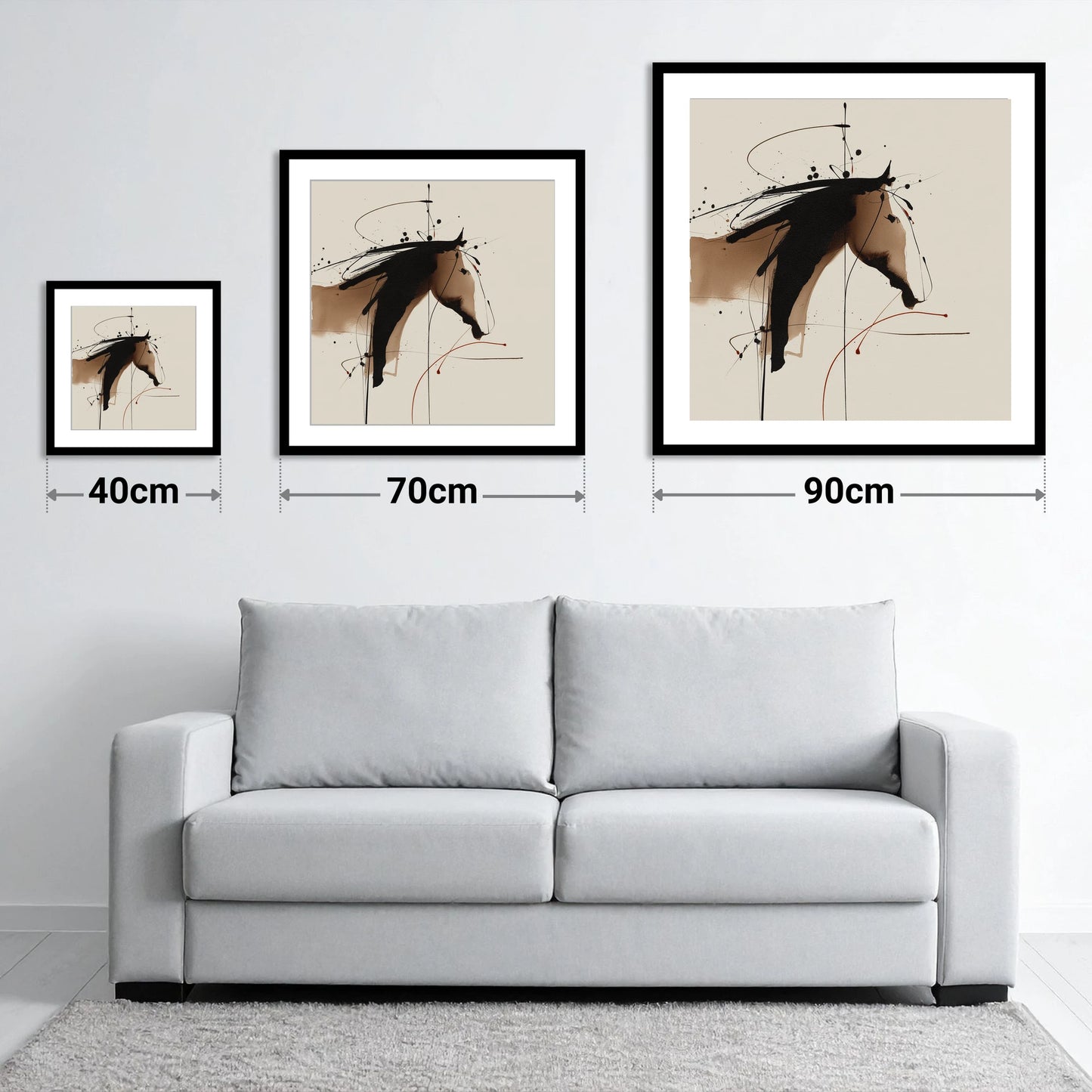 Abstract Sepia Equine - size guide showing 40cm, 70cm and 90cm art prints