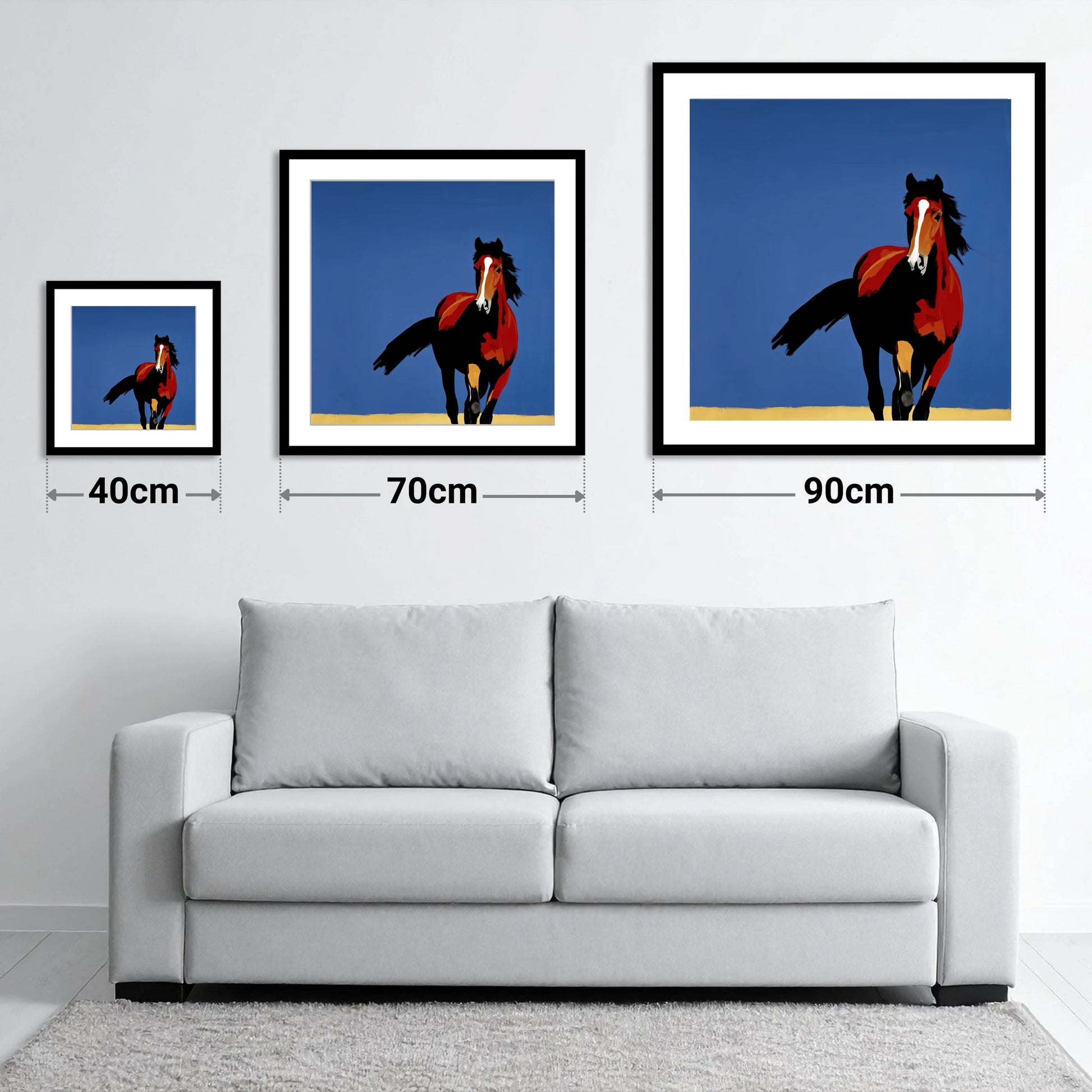 Striking Cobalt Bay - size guide showing 40cm, 70cm and 90cm art prints