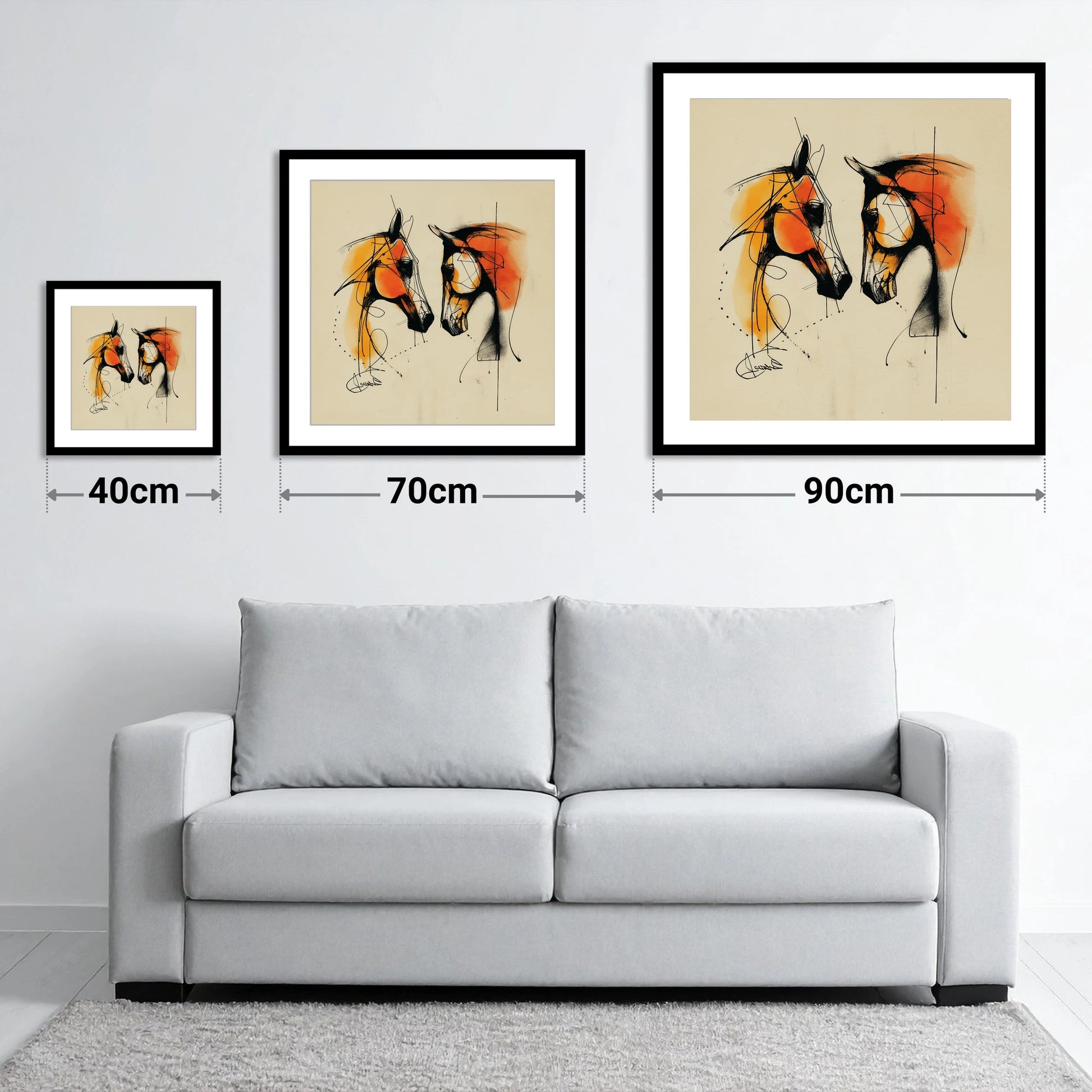 Abstract Amber Dialogue - size guide showing 40cm, 70cm and 90cm art prints