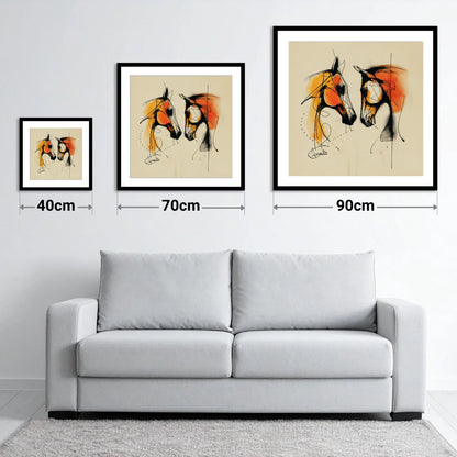 Abstract Amber Dialogue - size guide showing 40cm, 70cm and 90cm art prints