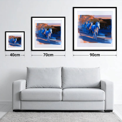 Cobalt Dawn Herd - size guide showing 40cm, 70cm and 90cm art prints