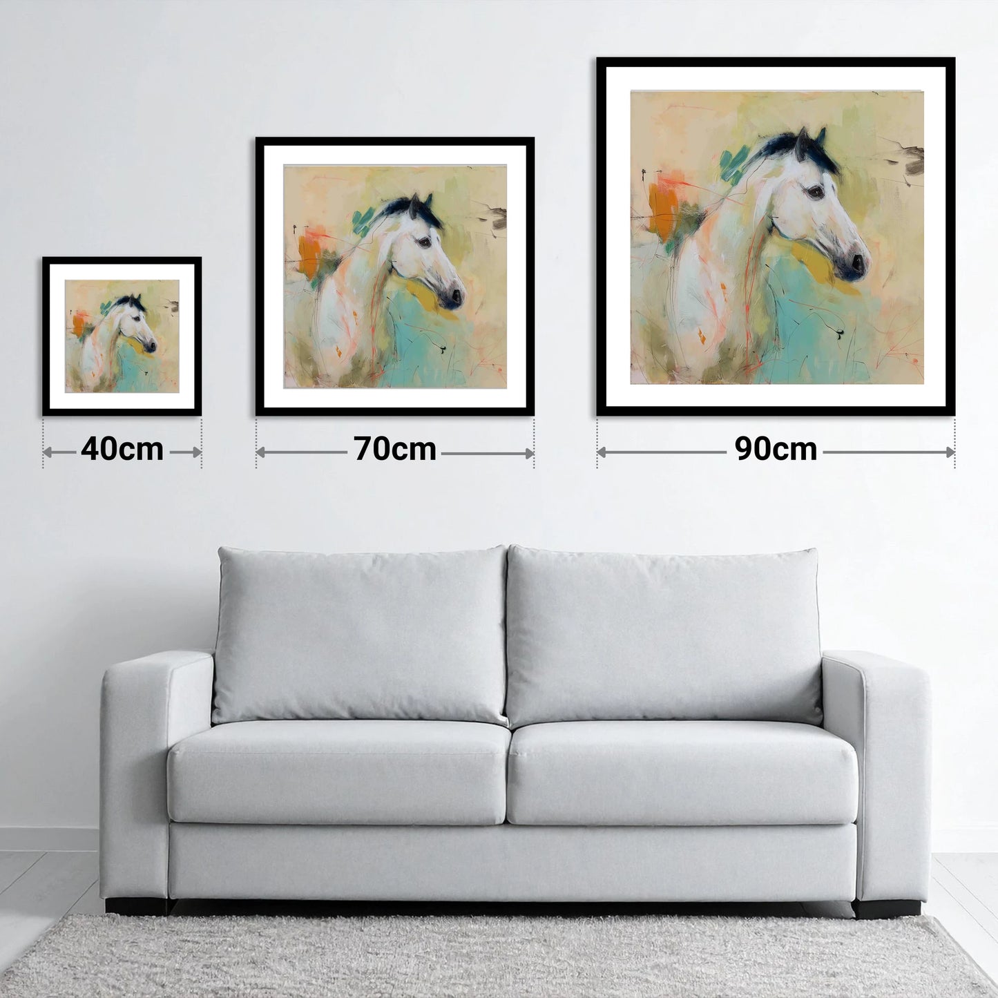 Gestural Grey Portrait - size guide showing 40cm, 70cm and 90cm art prints