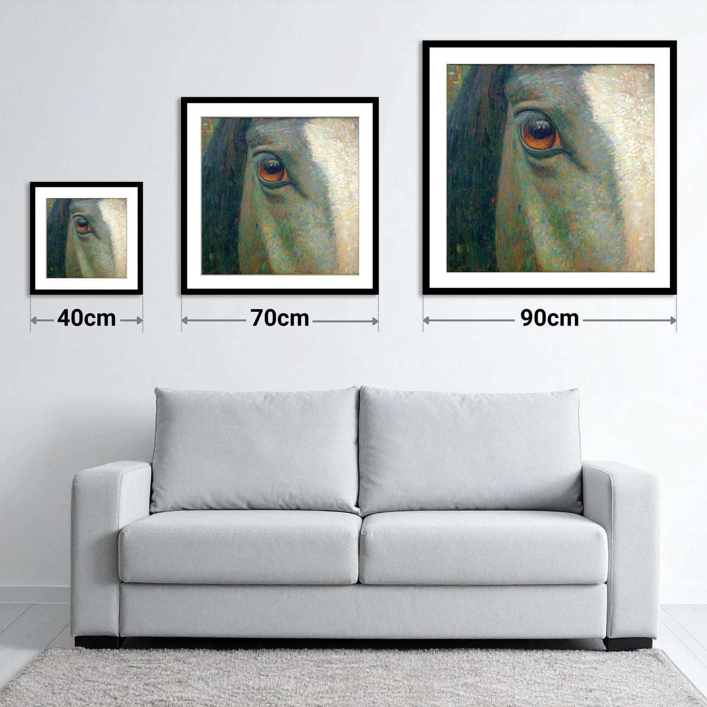 The Luminous Gaze - size guide showing 40cm, 70cm and 90cm art prints