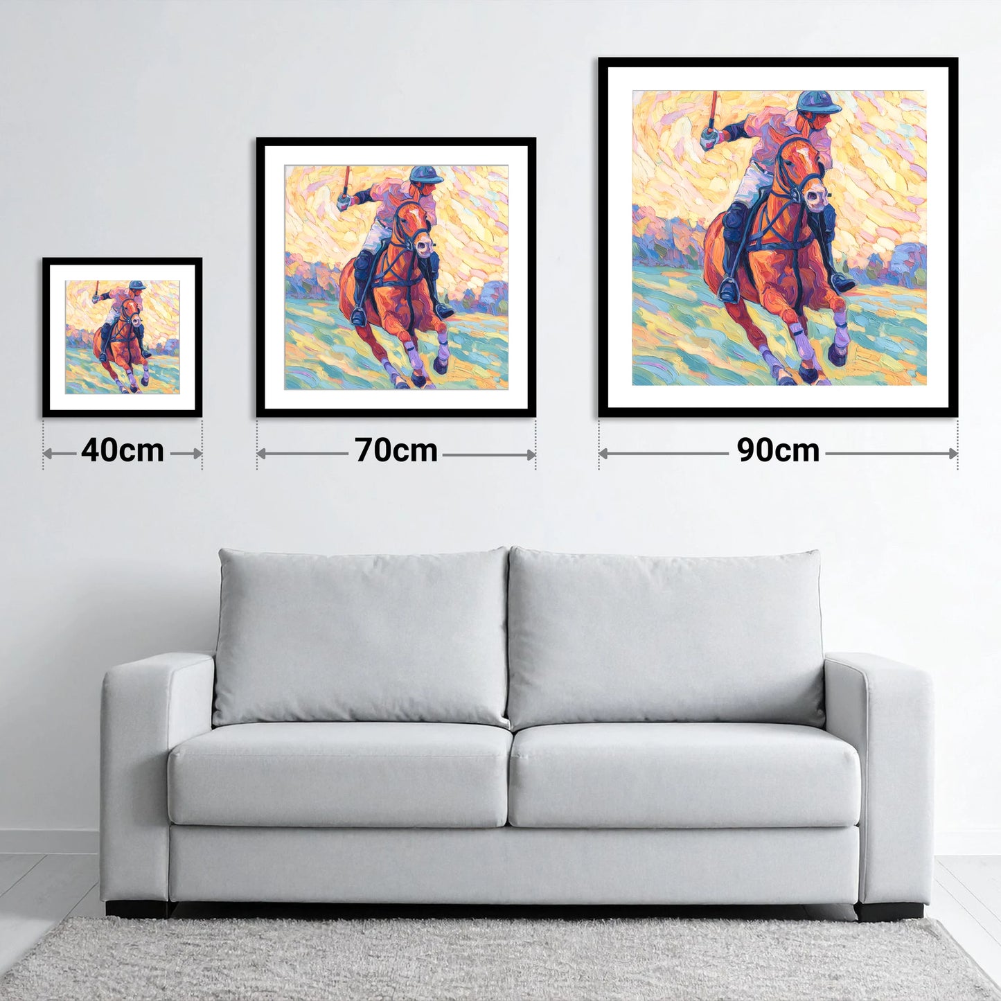 Vivid Polo Pursuit - size guide showing 40cm, 70cm and 90cm art prints
