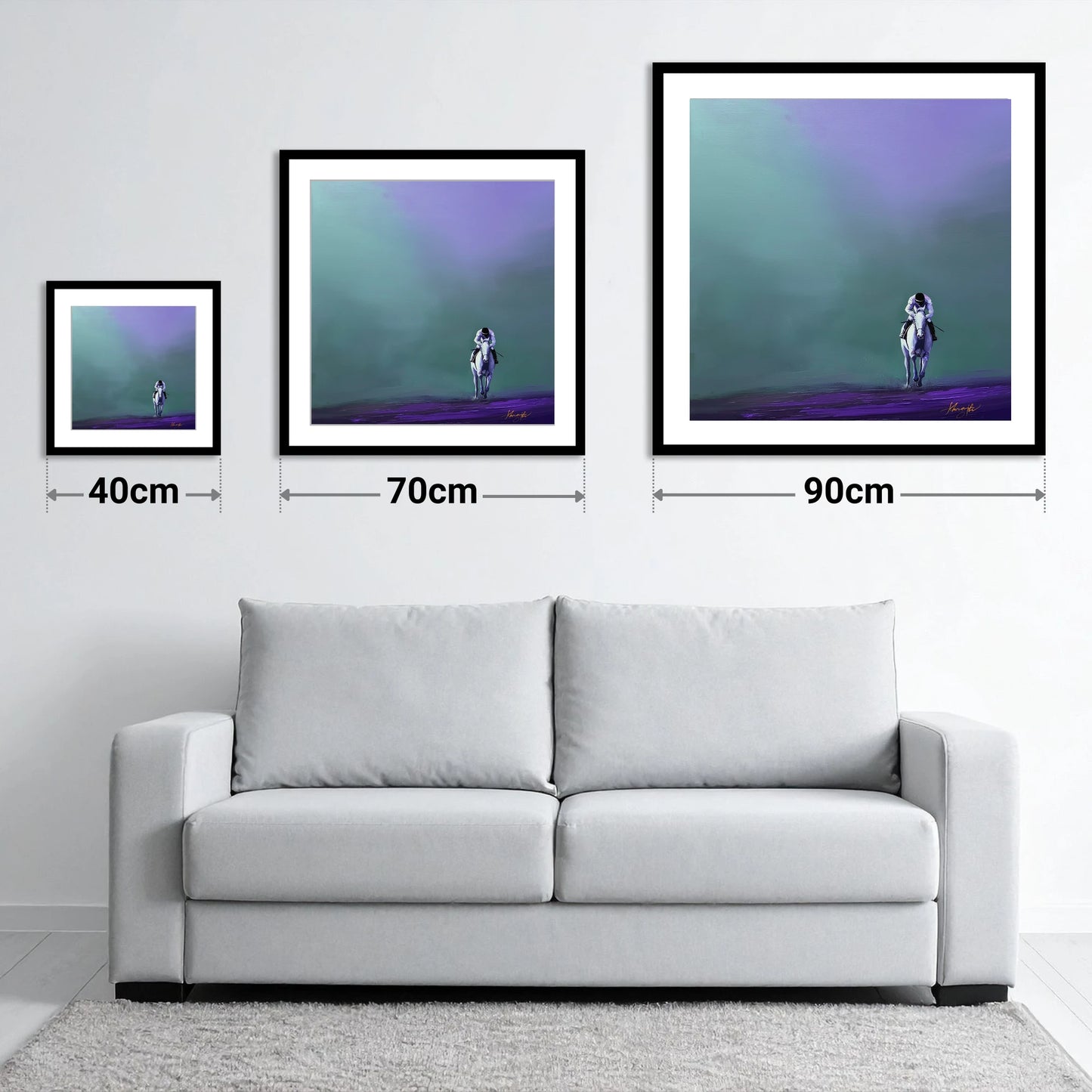 The Violet Furlong - size guide showing 40cm, 70cm and 90cm art prints