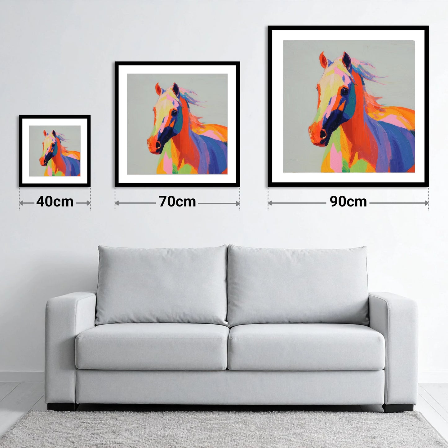 Vivid Equine Spirit - size guide showing 40cm, 70cm and 90cm art prints