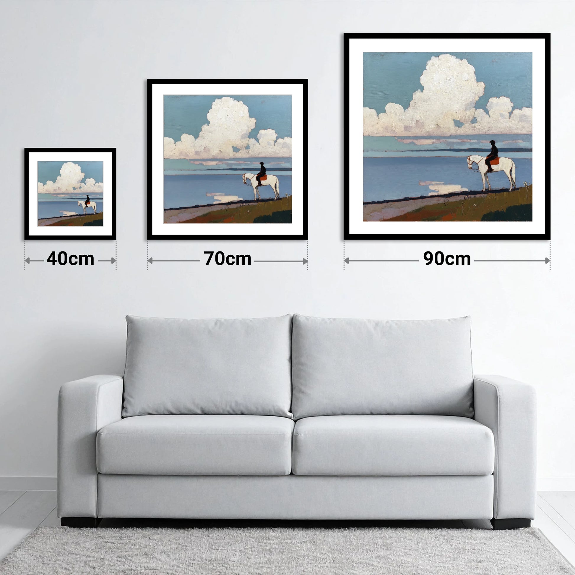 Coastal Contemplation - size guide showing 40cm, 70cm and 90cm art prints